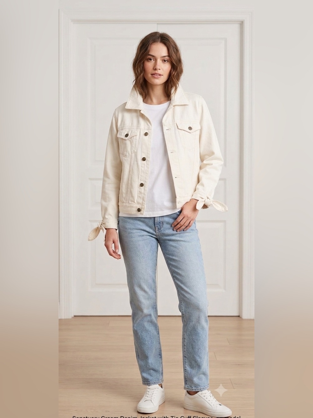 Sanctuary Cream Denim Jacket with Tie Cuff Sleeves Size Small